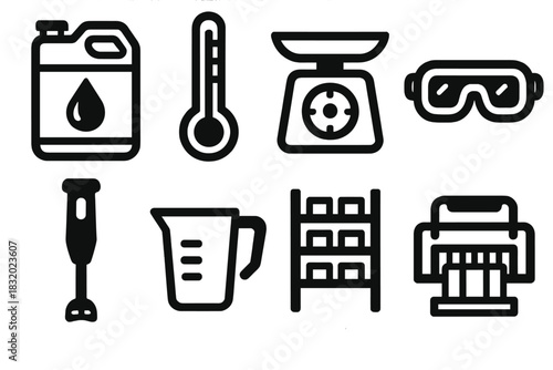 Bold Soap Making Icons. Cold Process silhouette icon set. lye container, thermometer, scale, safety goggles, stick blender, pouring jug, curing shelf, soap cutter