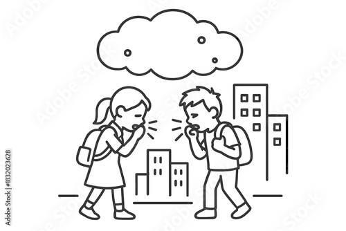 Children arguing in an urban setting while carrying backpacks during a cloudy afternoon