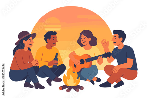 Friends gather around a campfire at sunset, enjoying music and conversation in a relaxed outdoor setting