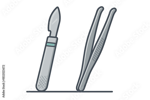 Surgical tools including a scalpel and tweezers designed for precise medical procedures and operations