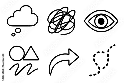 Abstract Exploration Icons. Creative Exploration Set linear icon set: imagination cloud, sketch line, curious eye, abstract shapes, flow arrow, dotted path