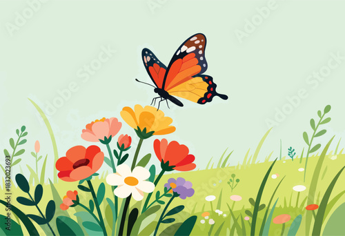 A colorful butterfly hovers above vibrant flowers in a stylized meadow, with green grass & a pale blue sky