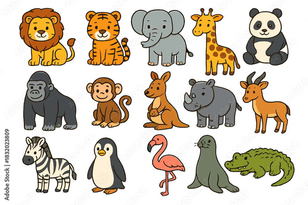 Obraz premium Diverse animals gather in a vibrant, playful illustration showcasing a lion, tiger, elephant, and more in a fun jungle setting