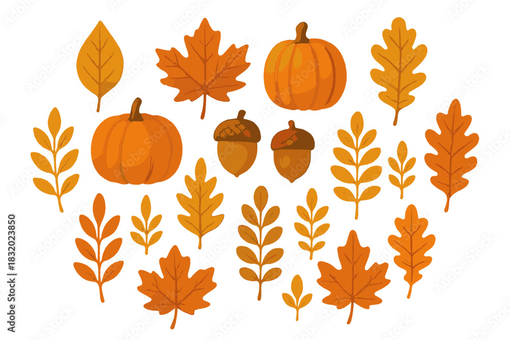 Naklejka premium Autumn leaves and pumpkins create a colorful harvest scene showcasing seasonal beauty in a warm palette of orange and yellow