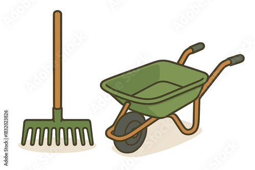 Gardening tools displayed with a rake and a wheelbarrow for farm and garden tasks