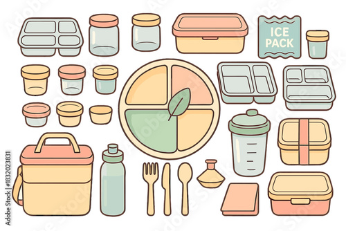 Variety of kitchen storage containers and food preparation items for meal planning and organization