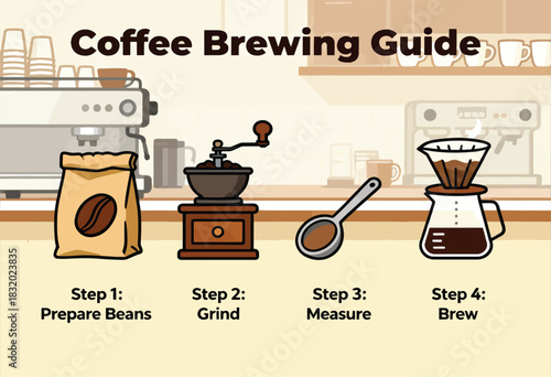 A colorful, instructional guide depicts the four steps for brewing coffee, from beans to a pour-over process
