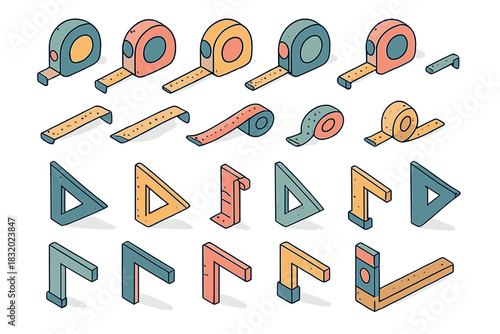 Colorful measuring tools arranged in an artistic display showing various shapes and styles of rulers and tapes