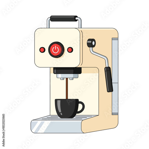 Stylized coffee machine illustration pouring espresso into a black cup minimal style