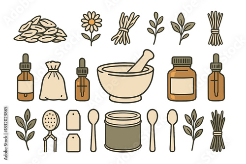 Herbal ingredients and tools displayed for natural remedy preparation in a clean, organized layout