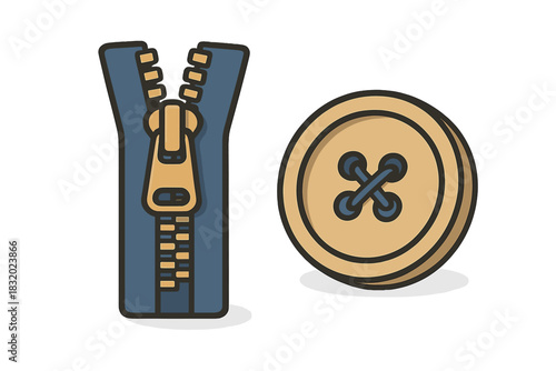 Clothing fasteners including a zipper and a button displayed on a clean white background