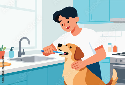 A cartoon shows a person brushing a dog's teeth in a modern kitchen. The dog is looking happy