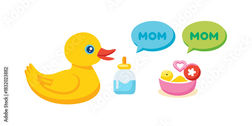 Set Rubber duck, Whirligig toy, Baby bottle and Speech bubble mom icon. Vector