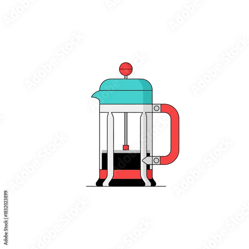 Stylized french press depiction with colorful design showcasing brewing coffee process