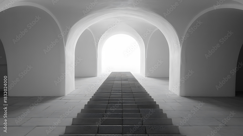 Obraz premium A long arched corridor bathed in bright light at the far end creating a dramatic perspective and a sense of mystery and exploration