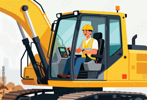 Illustration depicts a worker in an excavator cab, operating controls, with a detailed view of the machine