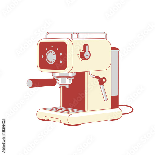 Minimalist retro coffee machine illustration, vibrant red and soft cream tones, adding an elegant