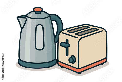 Kitchen appliances ready for breakfast preparation with an electric kettle and toaster on countertop