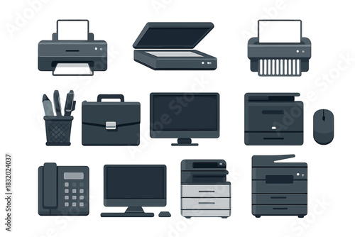 Office equipment collection featuring printers, scanners, and accessories for a functional workspace