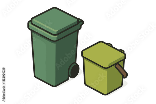 Green trash bins for waste disposal in urban settings promoting cleanliness and recycling efforts