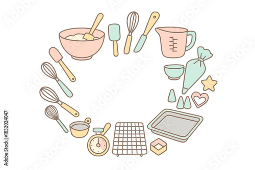 Baking tools and utensils arranged in a circular pattern on a white background showcasing equipment for home baking