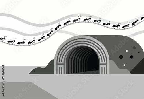 Abstract monochrome image of ants following a path towards an arched tunnel. Minimalist design