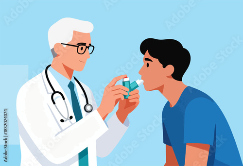 A doctor with stethoscope assisting a patient in using an inhaler against a sky-blue backdrop
