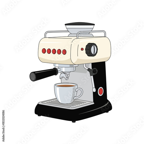 Stylized espresso machine illustration with creamy and black color scheme on white background