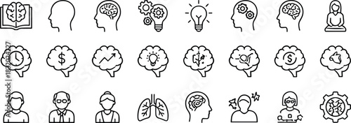 Mental health and psychology line icon collection featuring brain concepts, mindfulness, cognitive ideas, emotional wellness, motivation, medical symbols and professional support