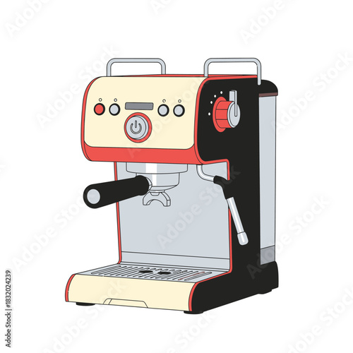 Stylized vector illustration of a cream and black coffee machine for brewing espresso at home