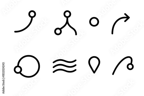 Abstract Iconic Pathways. Artistic Direction Elements linear icon set: curved path, split junction, floating node, shifting arrowhead, orbiting point, layered trail, subtle marker