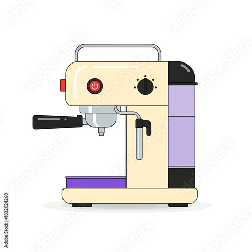 Stylized illustration of a vintage-inspired espresso machine with pastel accents and clean lines