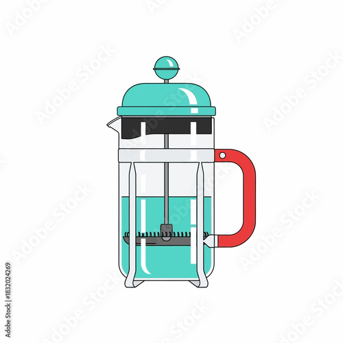 Stylized french press illustration with teal liquid, minimalist and modern aesthetic