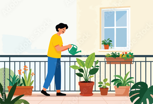 An illustrated person waters plants on a balcony, with pots, a railing, and a window. Peaceful scene, daytime