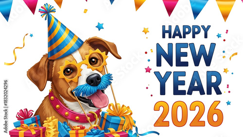 Festive New Year 2026 celebration featuring a cheerful dog in party attire