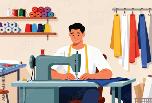 A tailor sews at a table with sewing machine, fabric, thread, and materials in a workshop