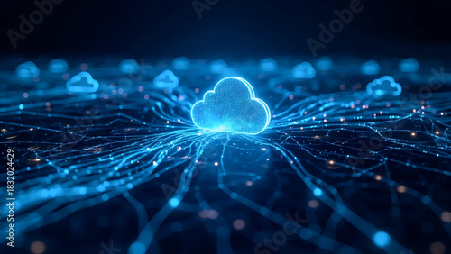 Cloud Computing and Digital Networks Visualization, Futuristic Cloud Technology Landscape, Data Connections in the Virtual Cloud