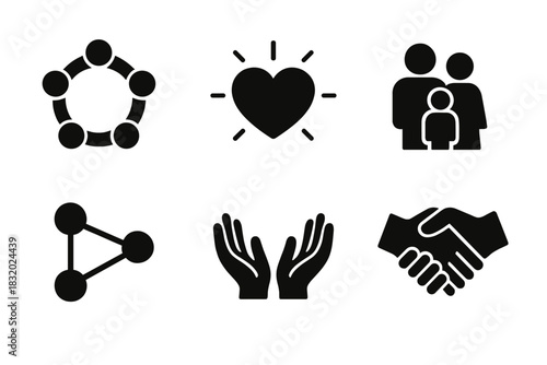 Unity Icon Set. Unity & Togetherness Icons silhouette icon set: people circle, heart glow, family group, handshake, connected dots, open hands, star sparkle, shared plate