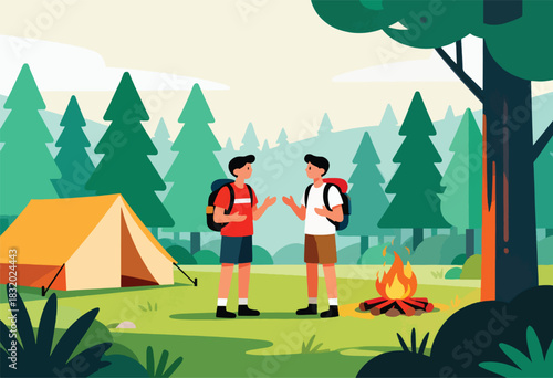 Illustration of two campers conversing near a campfire and tent in a forest scene