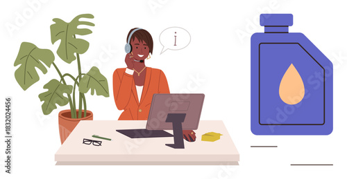 Woman using a headset and computer to provide customer service at a desk with plant and oil bottle nearby. Ideal for customer care, product inquiry, assistance, service support, technology