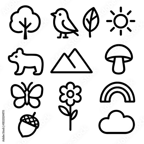 Nature Icons Compilation. Nature-inspired play linear icon set: tree, bird, leaf, sun, animal figure, mountain, mushroom, rainbow, butterfly, acorn, flower, cloud