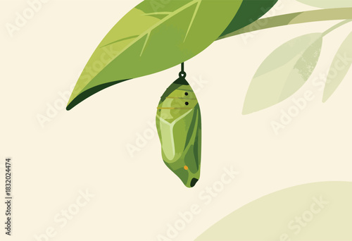A stylized illustration featuring a green chrysalis suspended from a leaf, against a warm, pale background