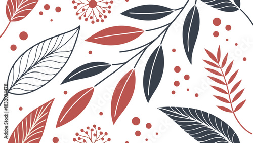 Abstract Botanical Seamless Pattern with Leaves and Floral Elements.