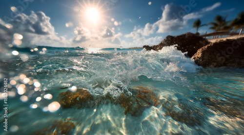 A stunning coastal scene featuring clear blue water, waves crashing against rocks, and a bright sun illuminating the sky.