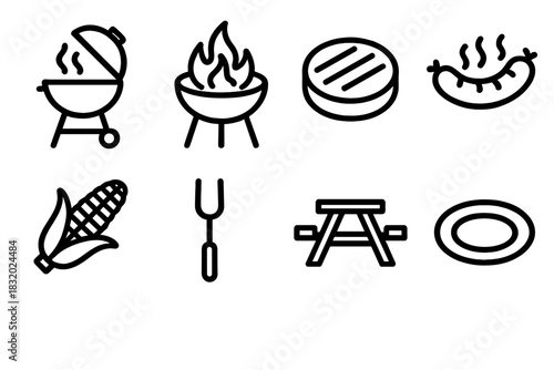 Grilling Icons Collection. Outdoor Grilling linear icon set. charcoal grill, fire pit, burger patty, sausage, corn cob, grilling fork, picnic table, plate.