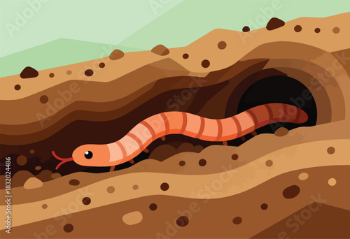 A cartoon earthworm emerges from a burrow, amidst stylized layers of brown earth and light green horizon