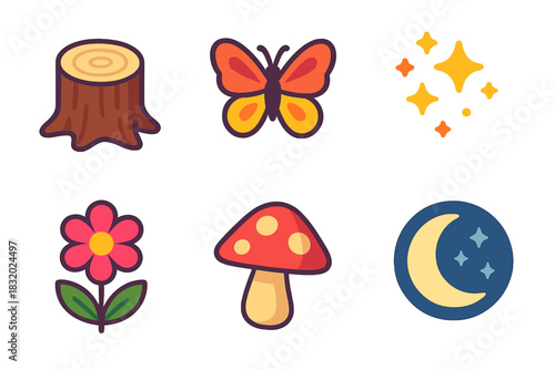 Whimsical Woodland Icons. Whimsical Woodland flat icons set. tree trunk, butterfly, magic dust, flower, toadstool, moonlight