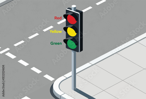 Isometric view of a traffic light displaying red, yellow, and green, positioned on a city street corner