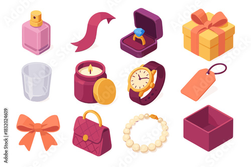 Luxury Gift Icons. Luxury Gift Sets flat icons set. perfume bottle, silk ribbon, jewelry box, gold wrapping, crystal glass, candle jar, luxury watch, elegant tag, satin bow