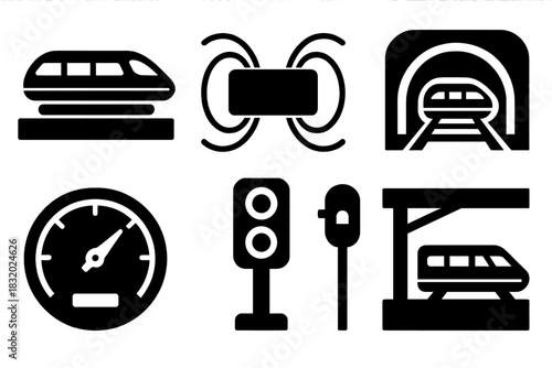 Brutalist Maglev Icons. Maglev Trains silhouette icon set. levitating train, magnetic field lines, rail path, tunnel, digital screen, speed gauge, signal light, platform